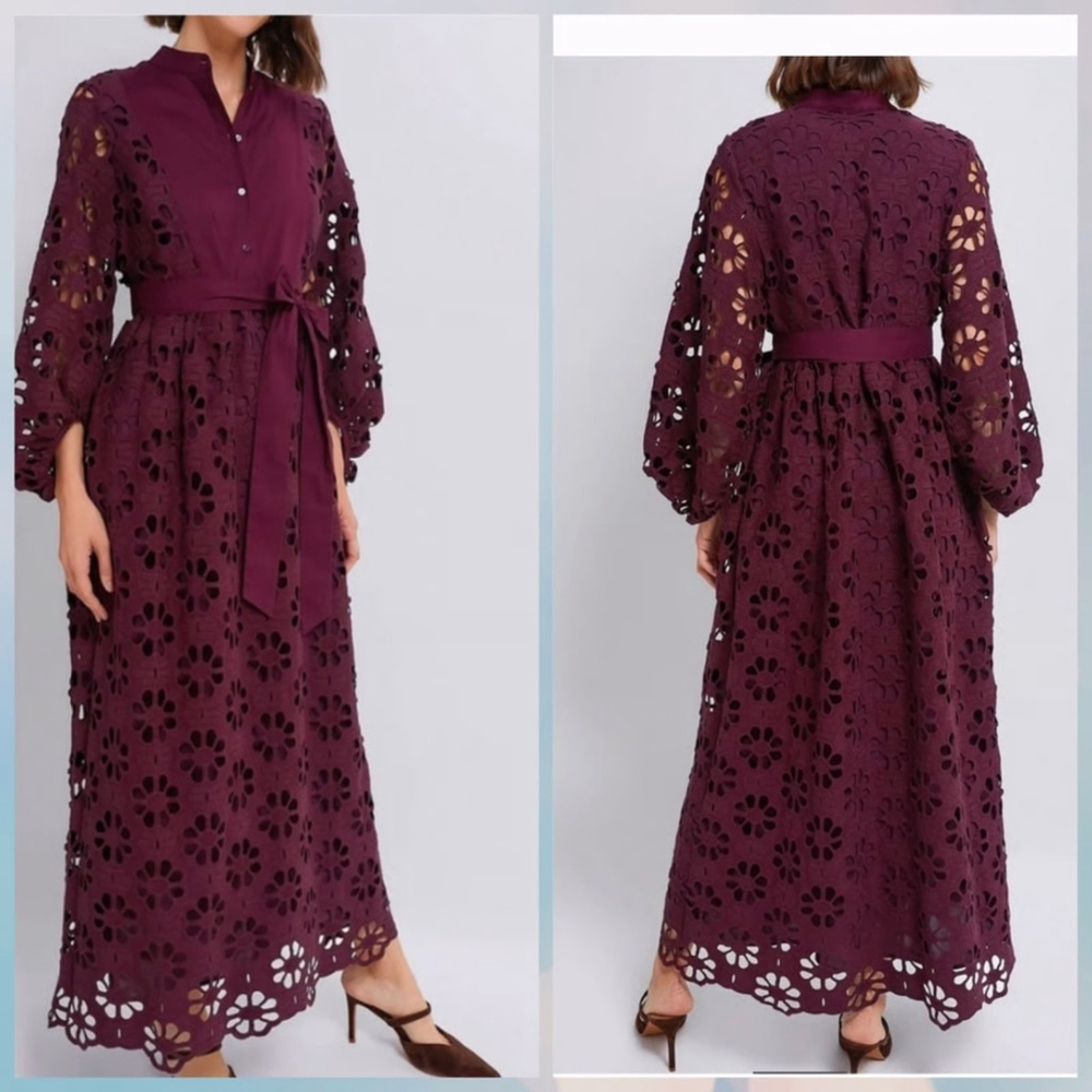 NWD Tuckernuck Maxi Dress 3XL Burgundy Calliope Merlot Lace Eyelet Puff Sleeve - Picture 3 of 10